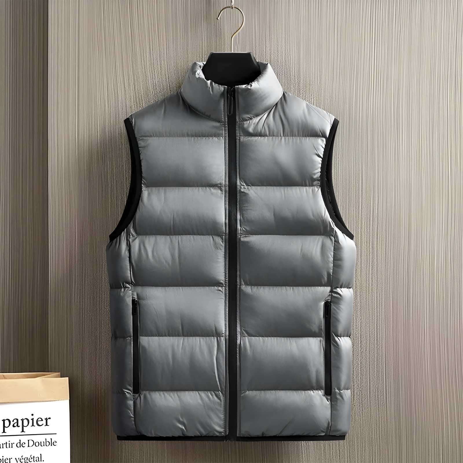 Men's thickened down jacket vest loose fit medium length 65cm polyester fibre round hem black colour front view