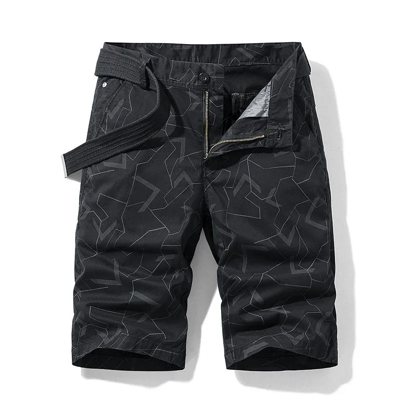 Geometric print straight casual shorts for men in khaki, Japanese style drawstring waist