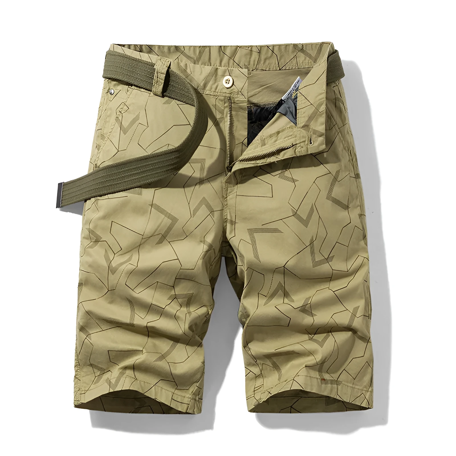 Geometric print straight casual shorts for men in khaki, Japanese style drawstring waist