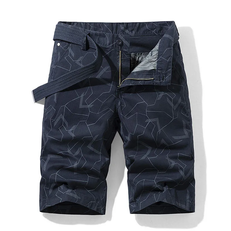 Geometric print straight casual shorts for men in khaki, Japanese style drawstring waist