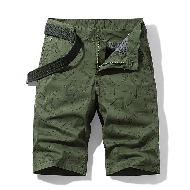 Geometric print straight casual shorts for men in khaki, Japanese style drawstring waist