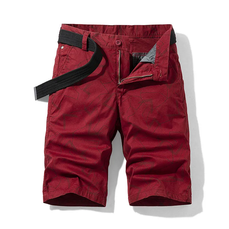 Geometric print straight casual shorts for men in khaki, Japanese style drawstring waist