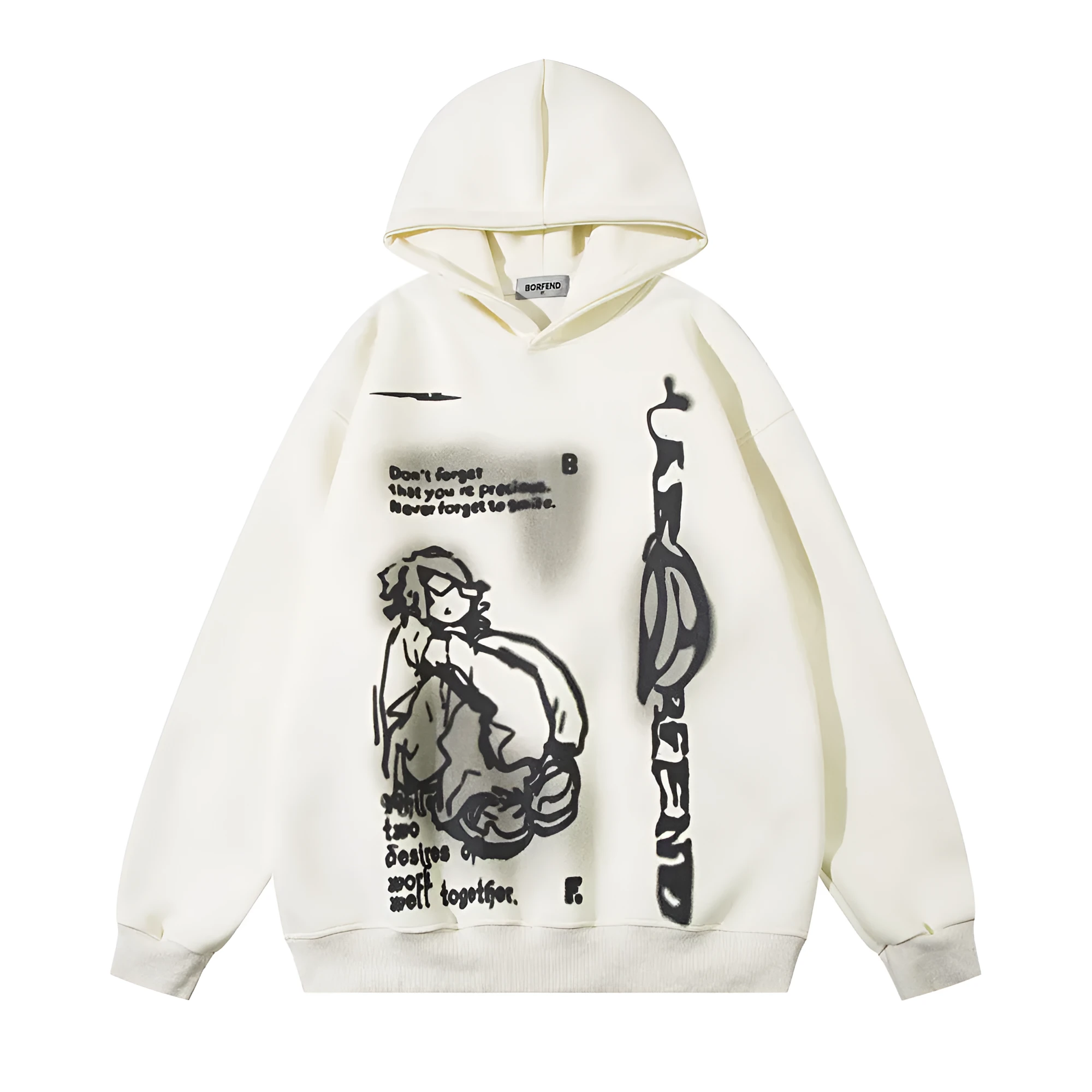 Men's cotton blend printed hoodie with character pattern in black, pink, and apricot colour options