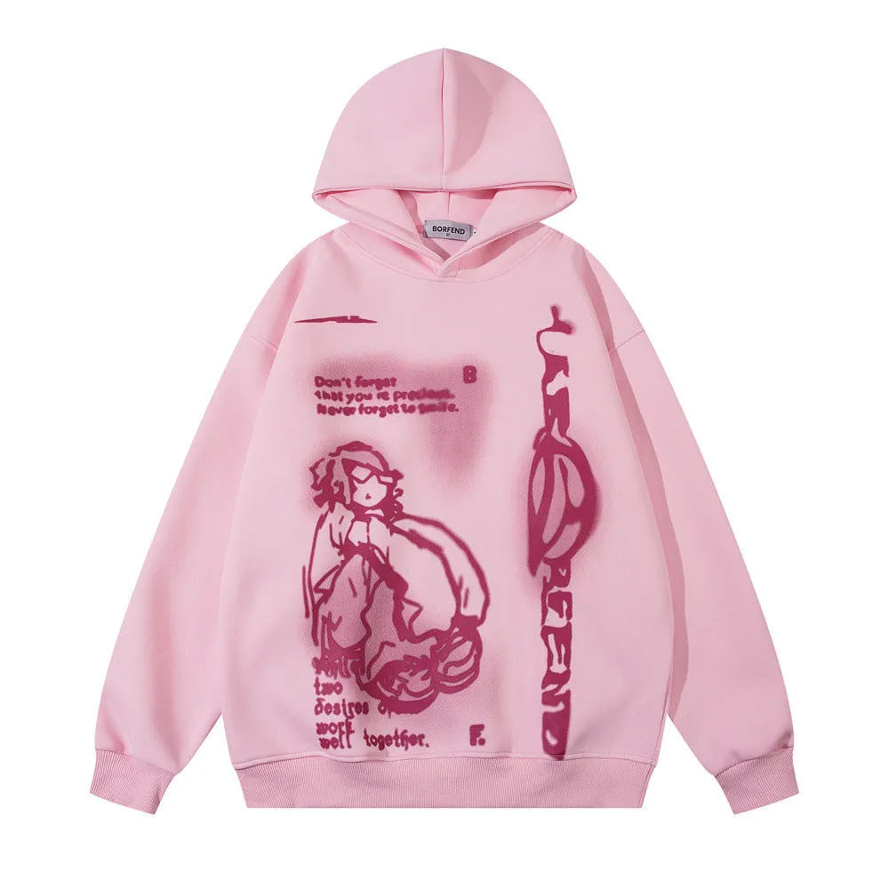 Men's cotton blend printed hoodie with character pattern in black, pink, and apricot colour options