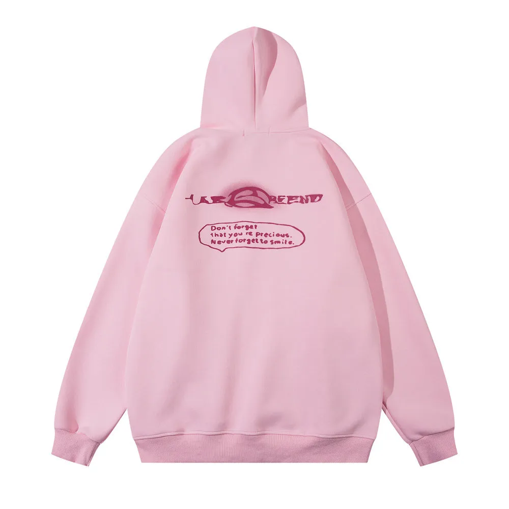 Men's cotton blend printed hoodie with character pattern in black, pink, and apricot colour options