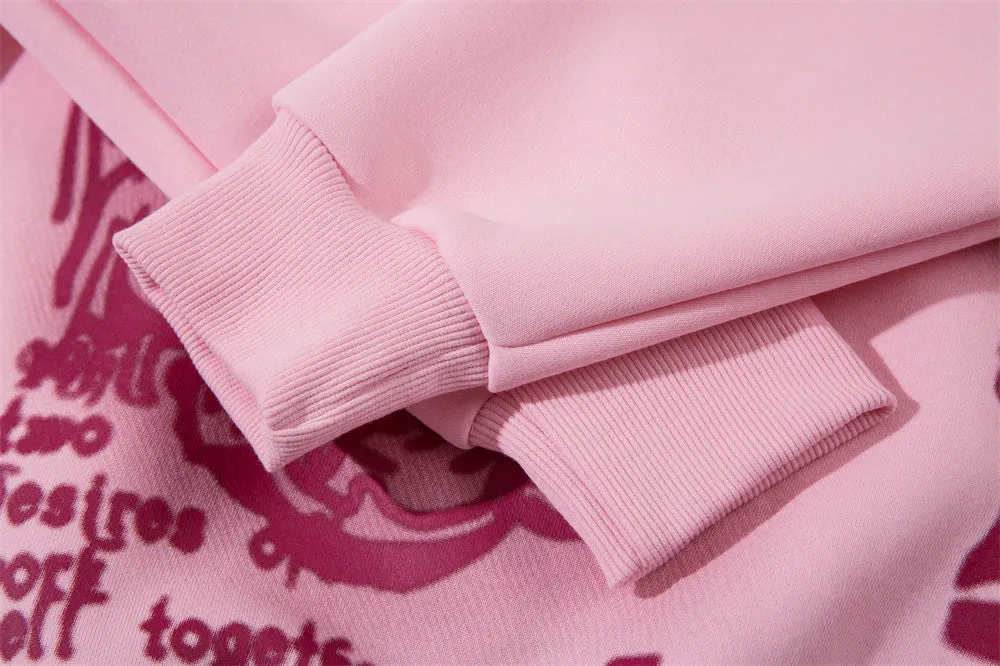 Men's cotton blend printed hoodie with character pattern in black, pink, and apricot colour options