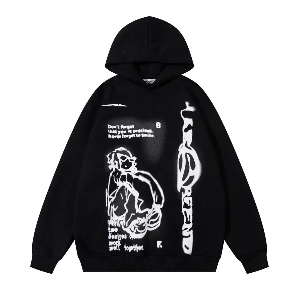 Men's cotton blend printed hoodie with character pattern in black, pink, and apricot colour options