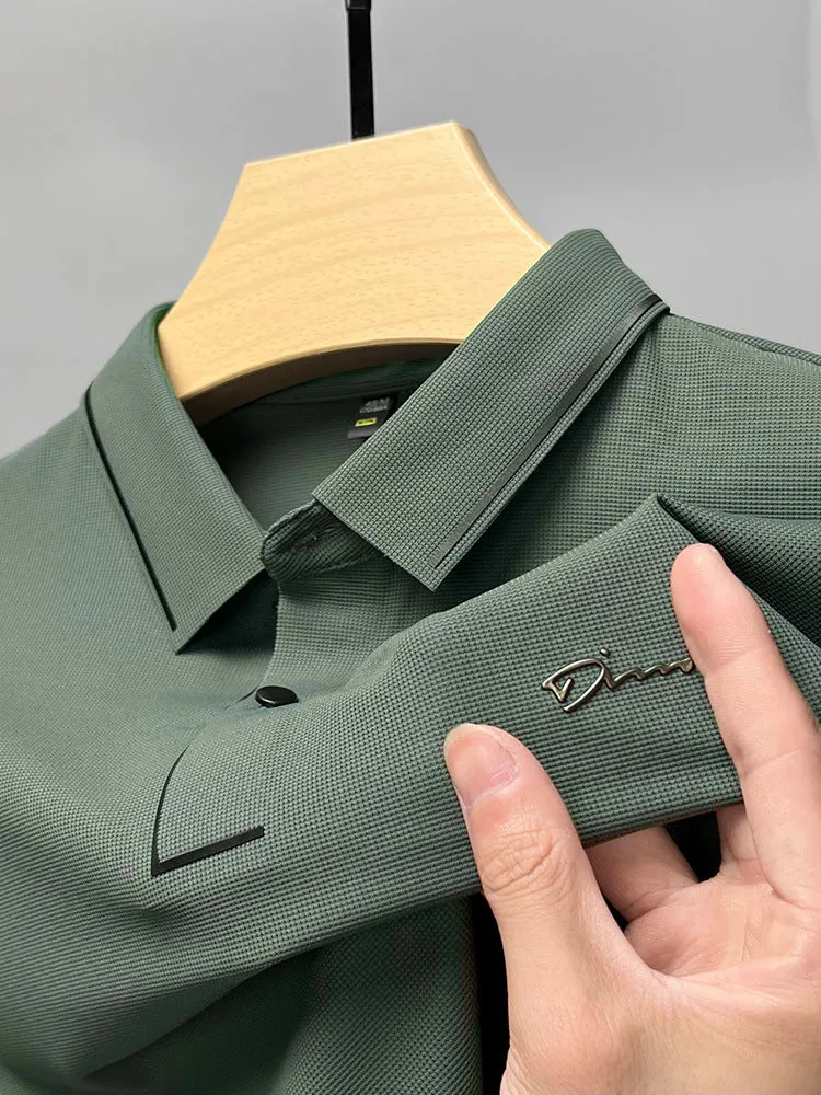 Men's ice silk short sleeve shirt collar summer polo shirt, loose fit, solid colour, nylon fabric, casual top
