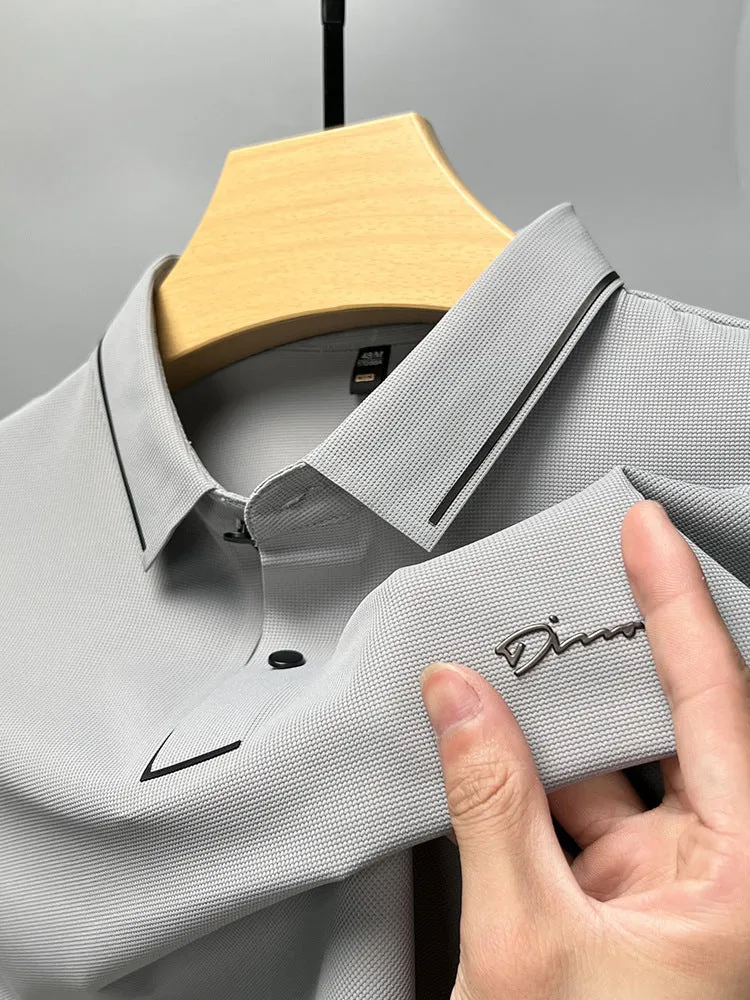 Men's ice silk short sleeve shirt collar summer polo shirt, loose fit, solid colour, nylon fabric, casual top
