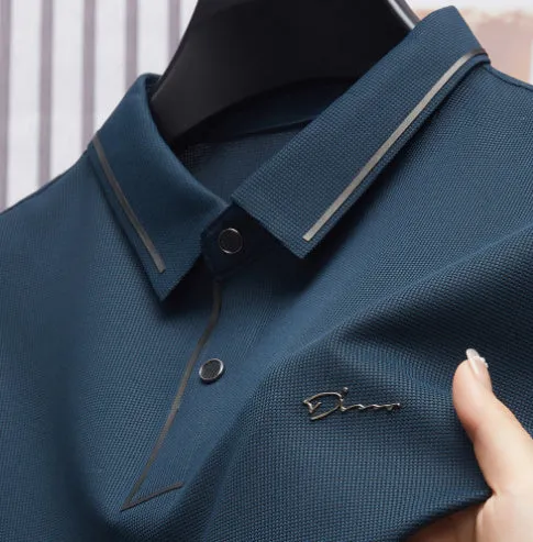 Men's ice silk short sleeve shirt collar summer polo shirt, loose fit, solid colour, nylon fabric, casual top