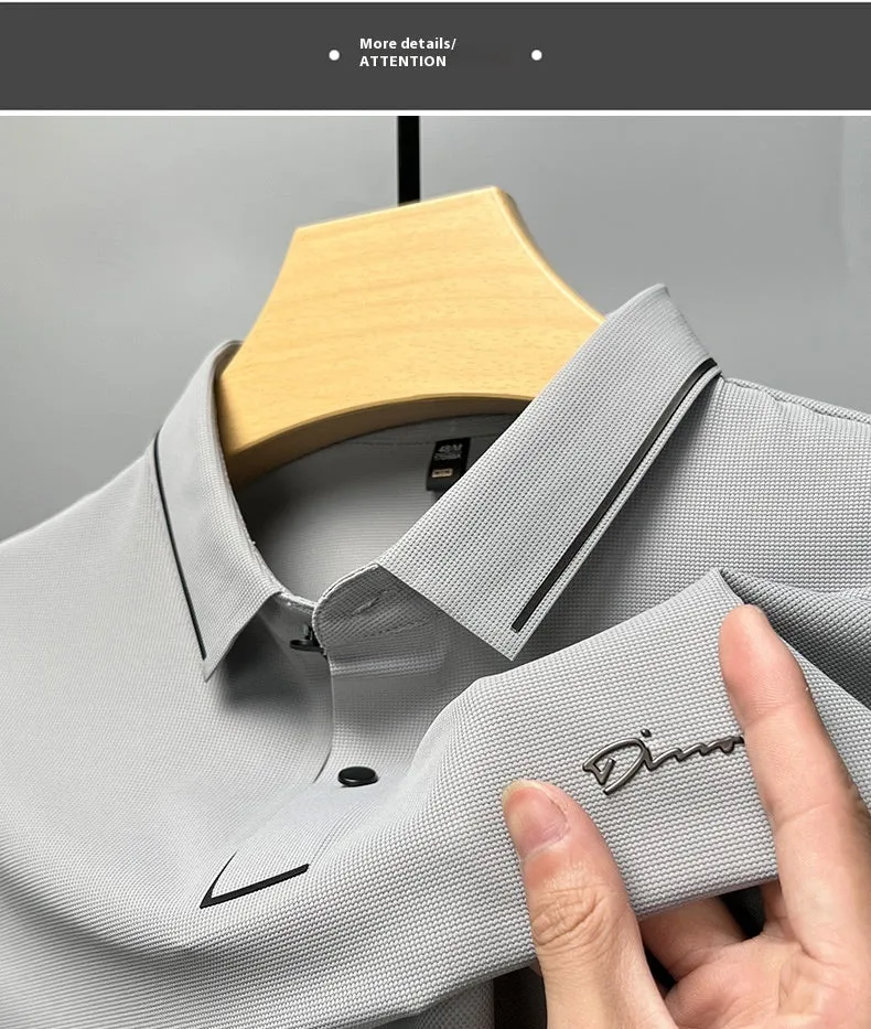 Men's ice silk short sleeve shirt collar summer polo shirt, loose fit, solid colour, nylon fabric, casual top