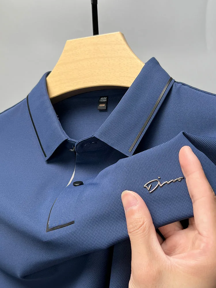 Men's ice silk short sleeve shirt collar summer polo shirt, loose fit, solid colour, nylon fabric, casual top