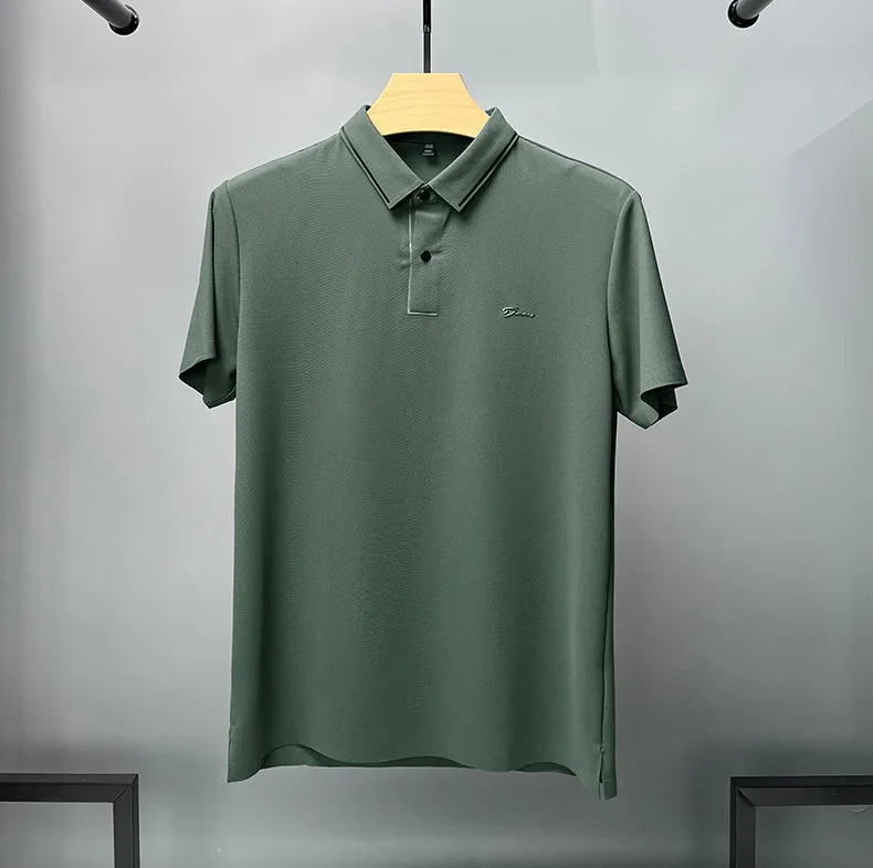 Men's ice silk short sleeve shirt collar summer polo shirt, loose fit, solid colour, nylon fabric, casual top
