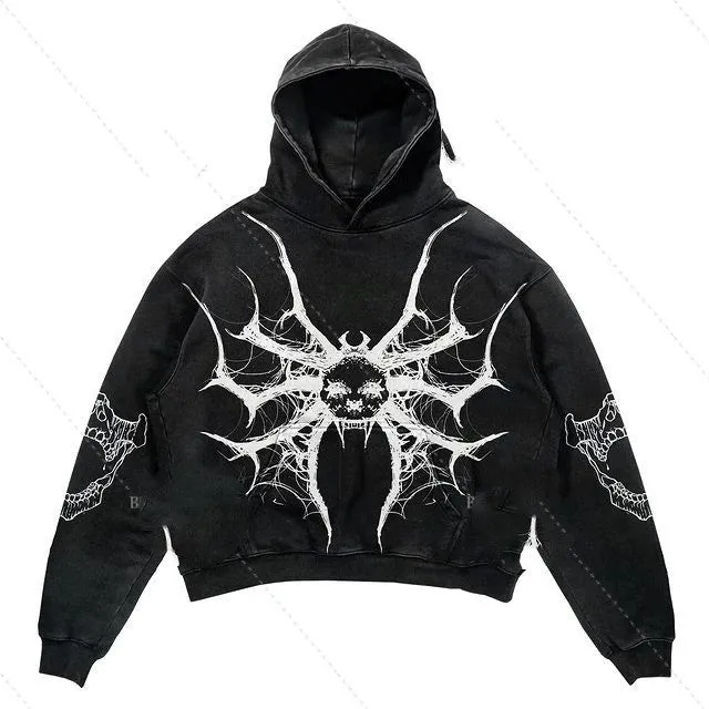 Men's black skull print pullover with round neck and long sleeves on white background