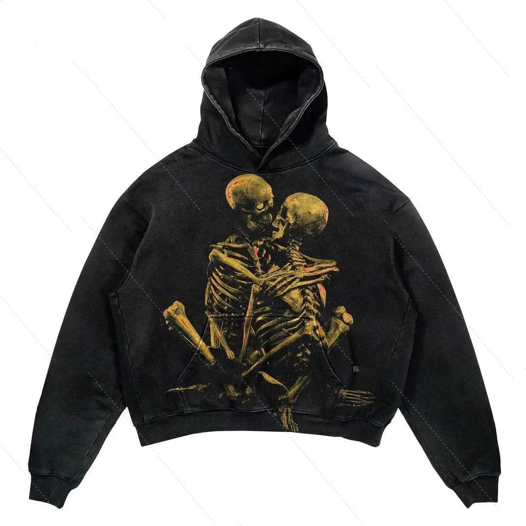 Men's black skull print pullover with round neck and long sleeves on white background