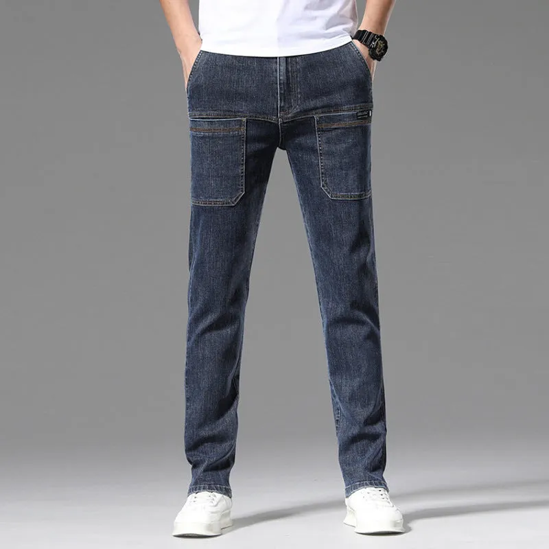 Men's straight-leg multi-pocket denim jeans in black, dark blue, and light blue colours, sizes 28 to 38