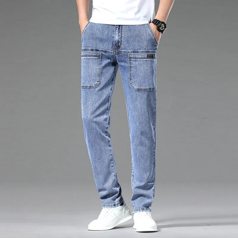 Men's straight-leg multi-pocket denim jeans in black, dark blue, and light blue colours, sizes 28 to 38