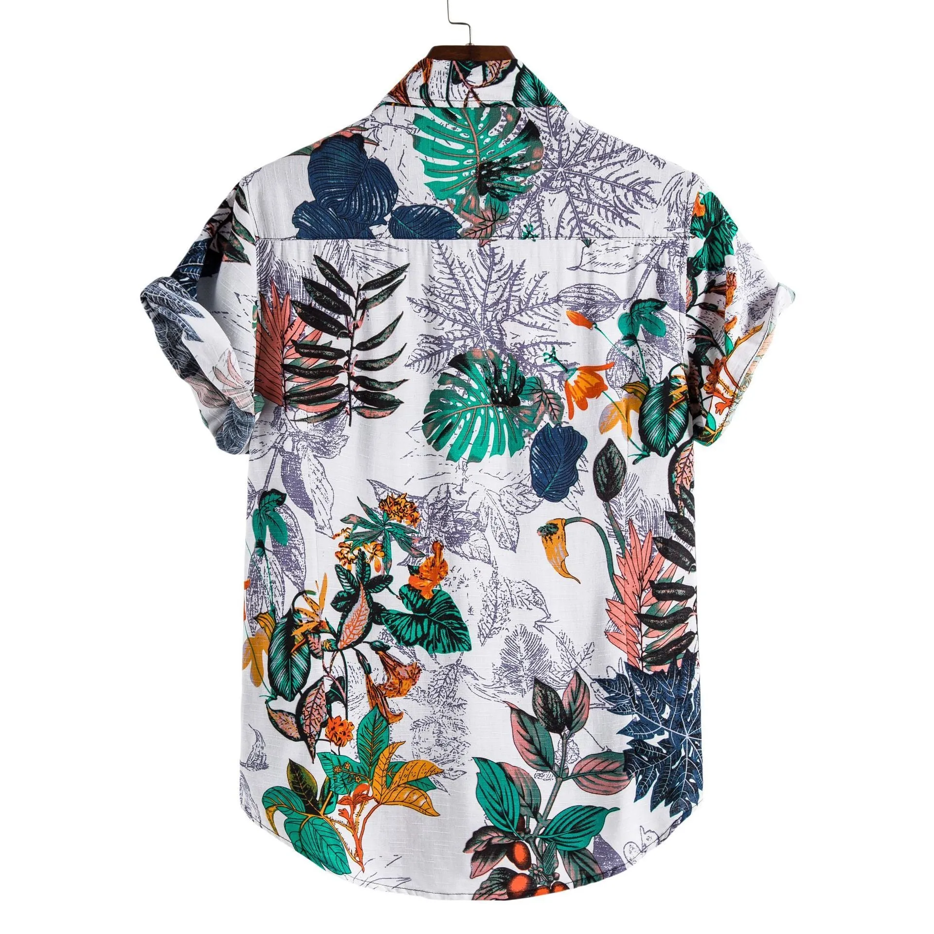 Men's cotton floral short-sleeve plus size shirt with stand-up collar in flower pattern