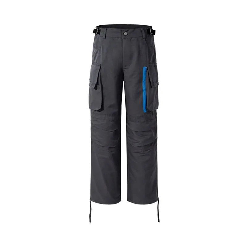 Multi-pocket contrast zip casual baggy pants in dark grey cotton with loose fit and mid waist