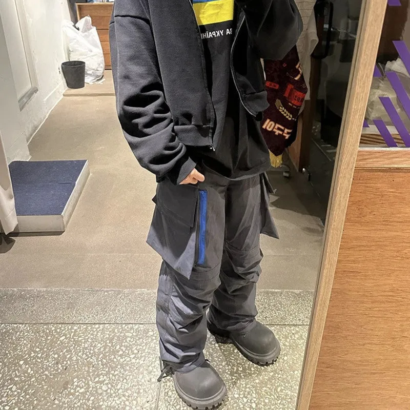 Multi-pocket contrast zip casual baggy pants in dark grey cotton with loose fit and mid waist