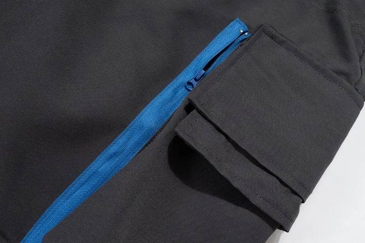 Multi-pocket contrast zip casual baggy pants in dark grey cotton with loose fit and mid waist