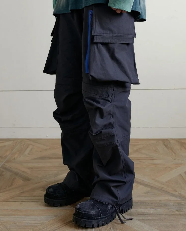 Multi-pocket contrast zip casual baggy pants in dark grey cotton with loose fit and mid waist