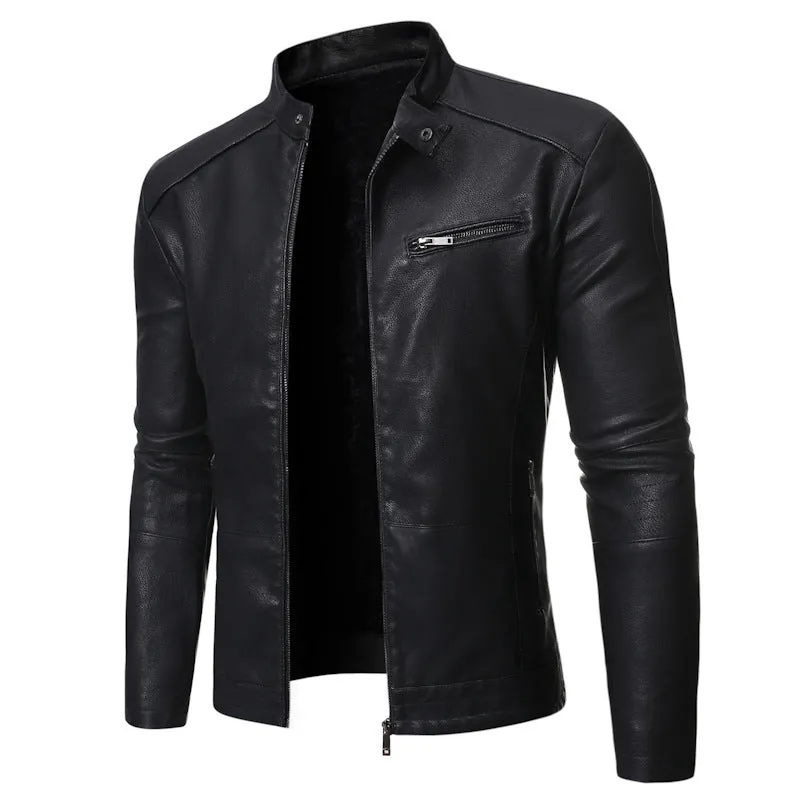 Men's loose fit motorcycle leather jacket with lapel collar and front zipper in black
