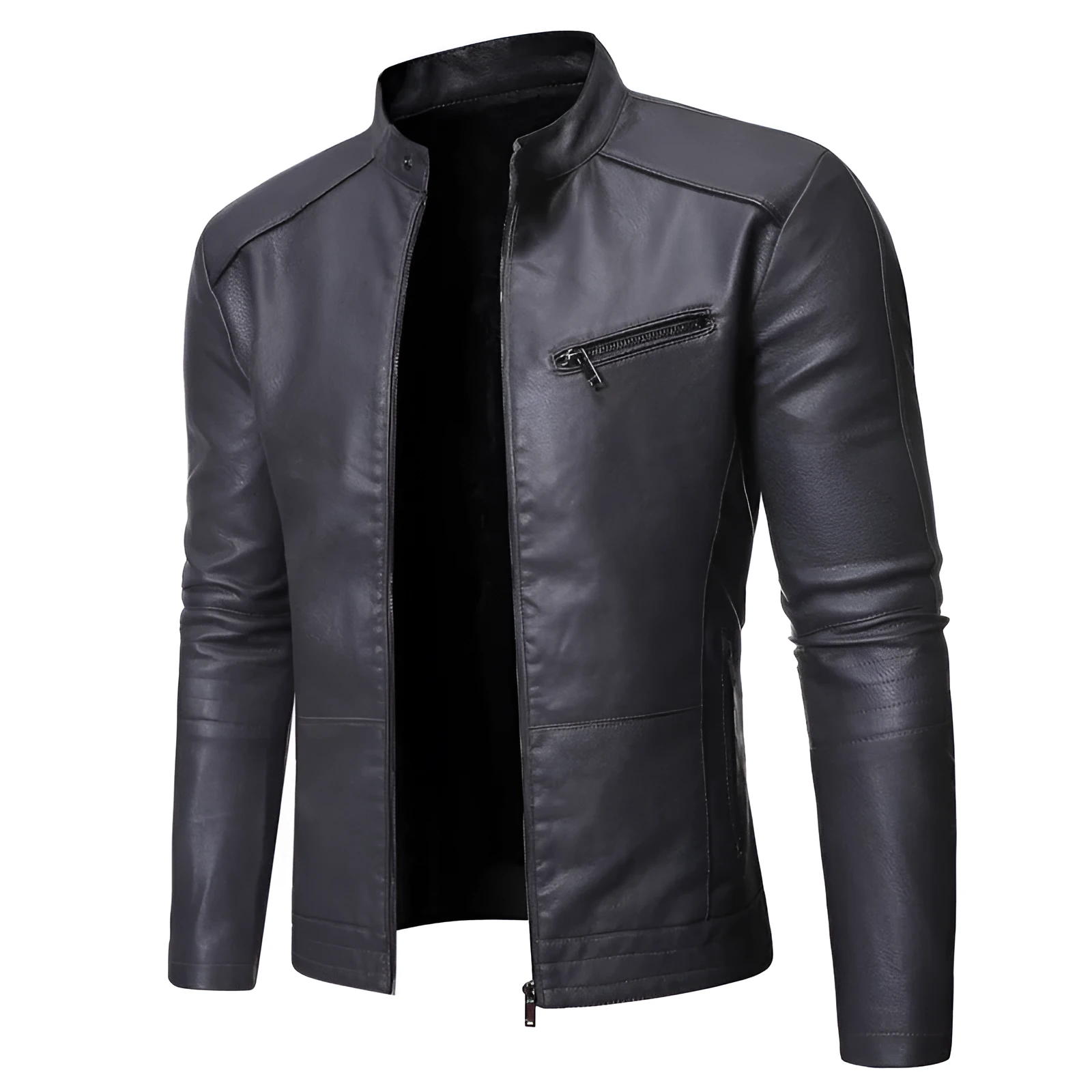 Men's loose fit motorcycle leather jacket with lapel collar and front zipper in black