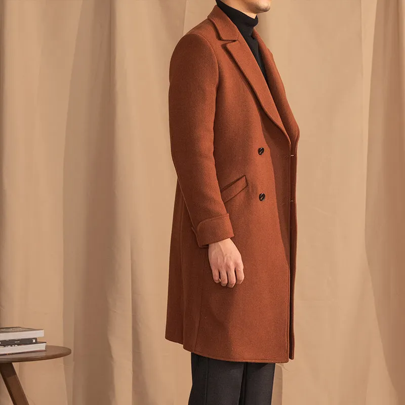 Double-breasted mid-length wool overcoat in caramel with suit collar, front view, available in sizes M to 3XL