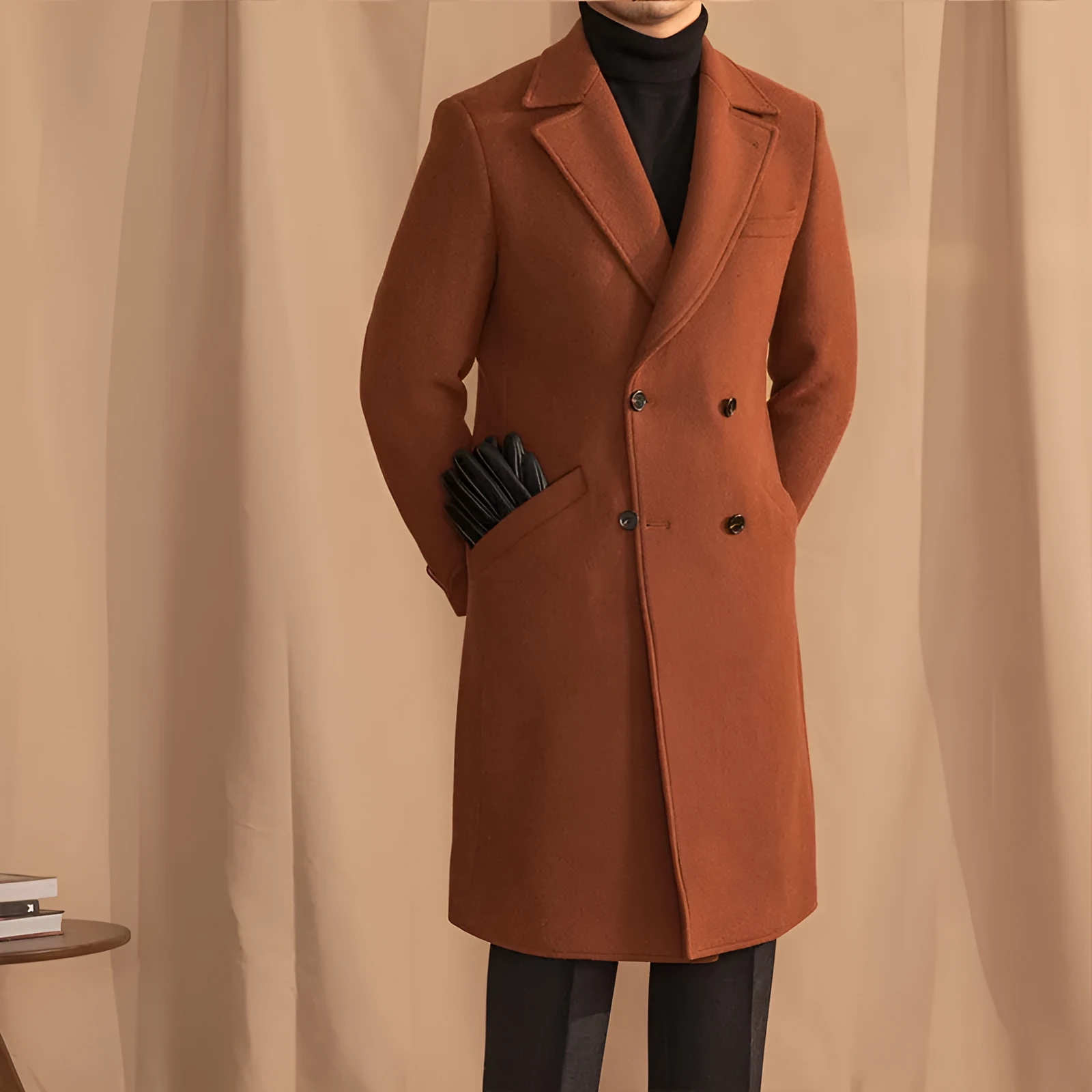 Double-breasted mid-length wool overcoat in caramel with suit collar, front view, available in sizes M to 3XL