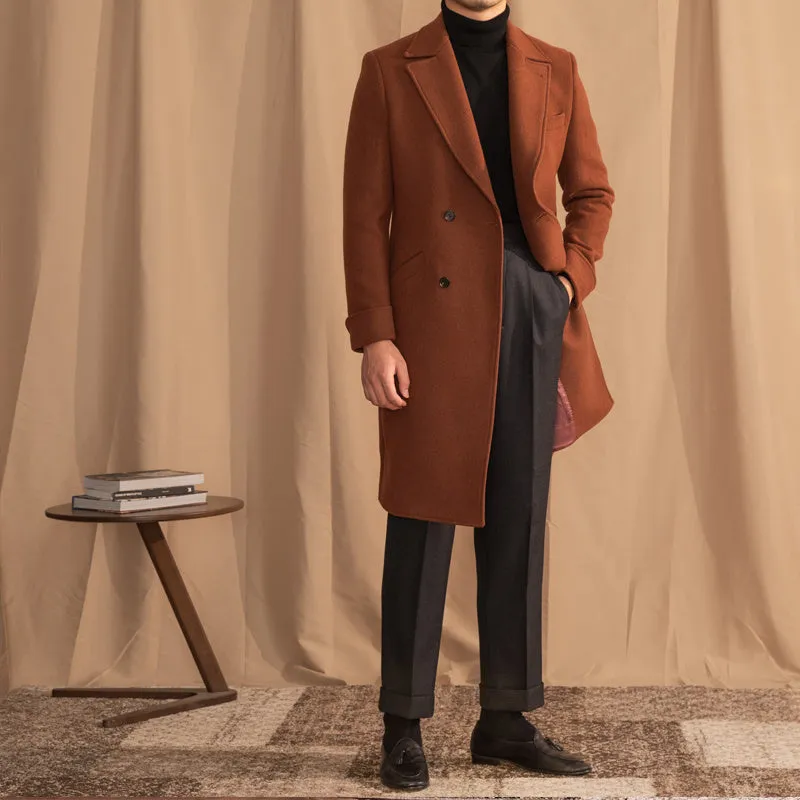 Double-breasted mid-length wool overcoat in caramel with suit collar, front view, available in sizes M to 3XL
