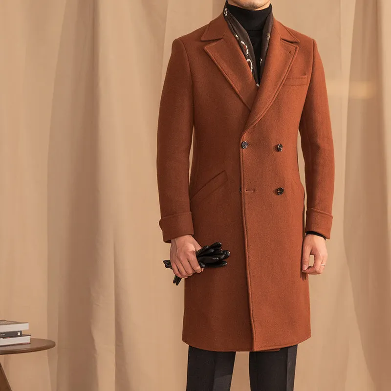 Double-breasted mid-length wool overcoat in caramel with suit collar, front view, available in sizes M to 3XL