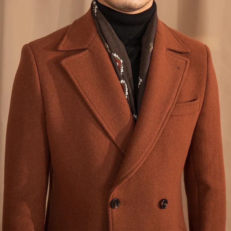 Double-breasted mid-length wool overcoat in caramel with suit collar, front view, available in sizes M to 3XL