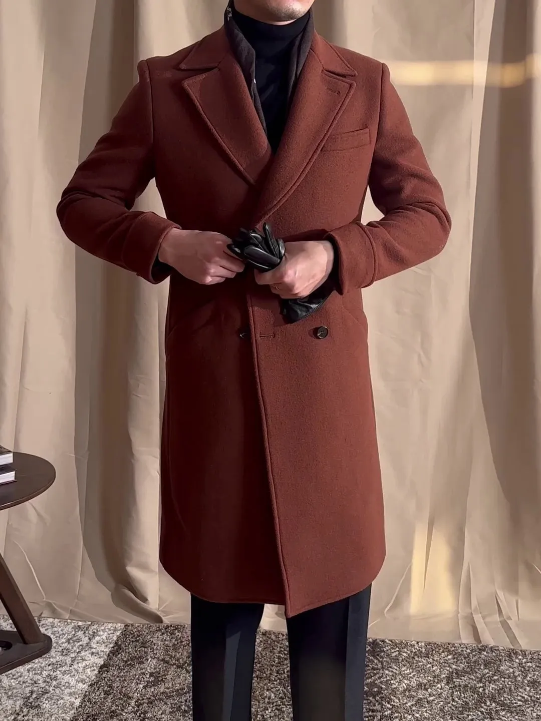 Double-breasted mid-length wool overcoat in caramel with suit collar, front view, available in sizes M to 3XL