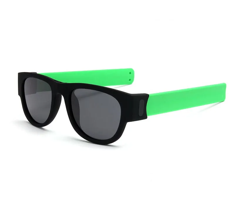Folding polarised sports sunglasses on wristband bracelet, available in multiple colours