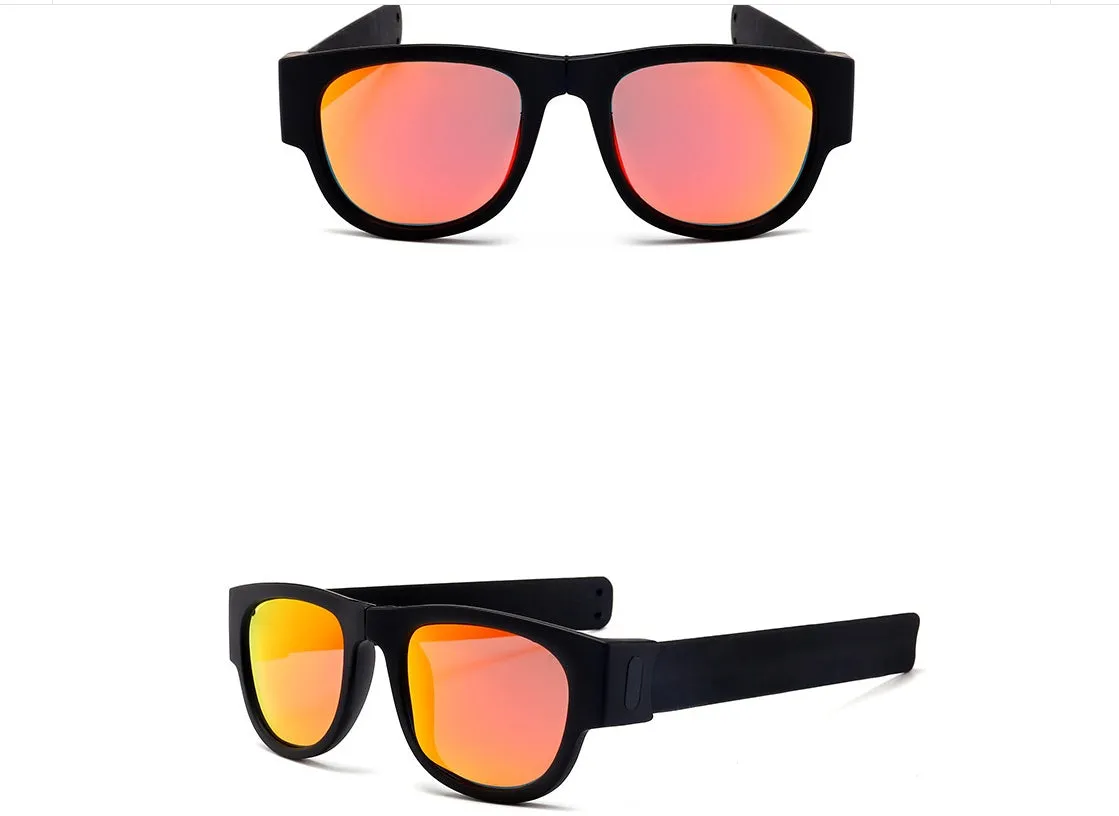 Folding polarised sports sunglasses on wristband bracelet, available in multiple colours