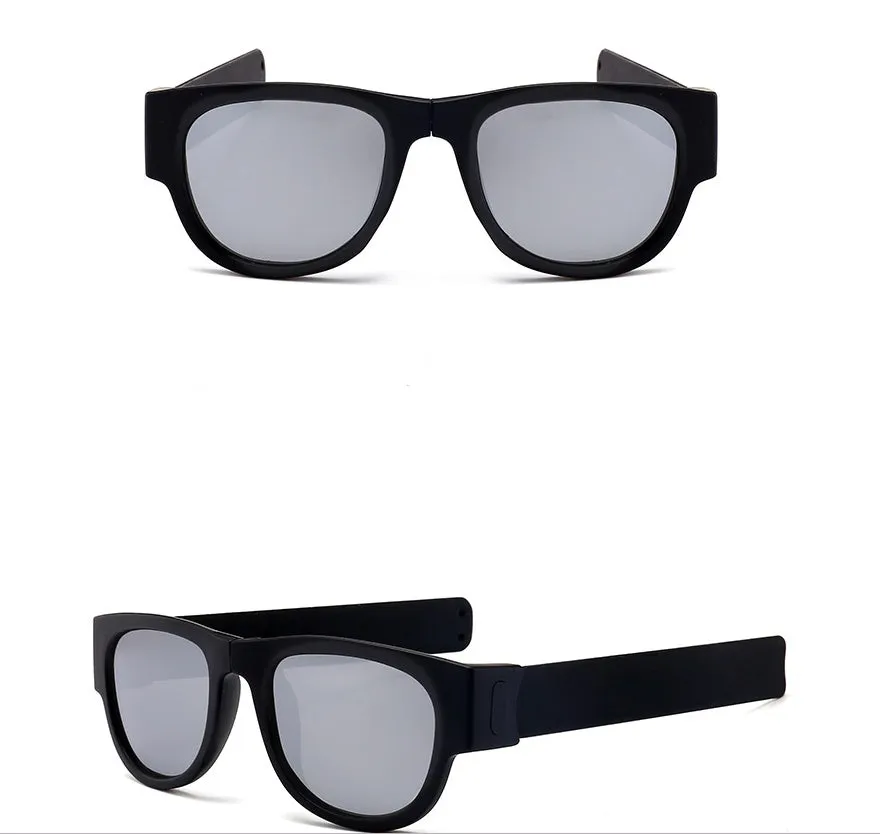 Folding polarised sports sunglasses on wristband bracelet, available in multiple colours