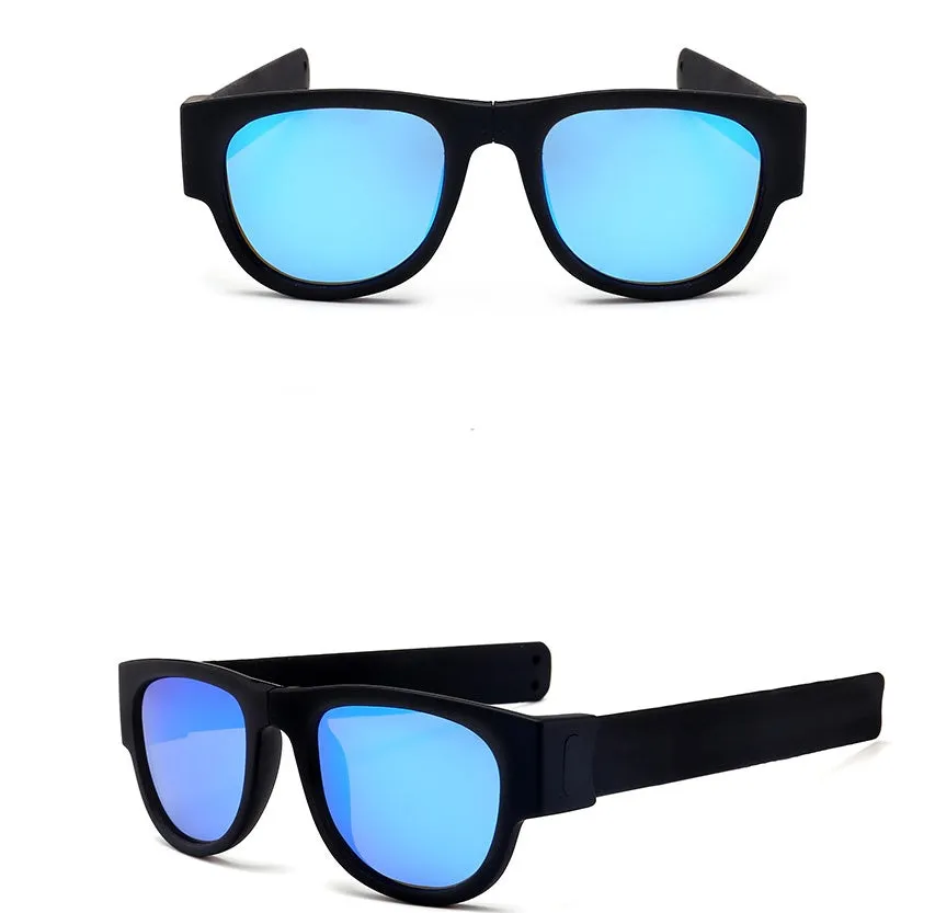 Folding polarised sports sunglasses on wristband bracelet, available in multiple colours