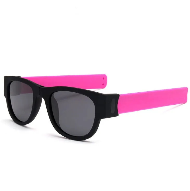 Folding polarised sports sunglasses on wristband bracelet, available in multiple colours