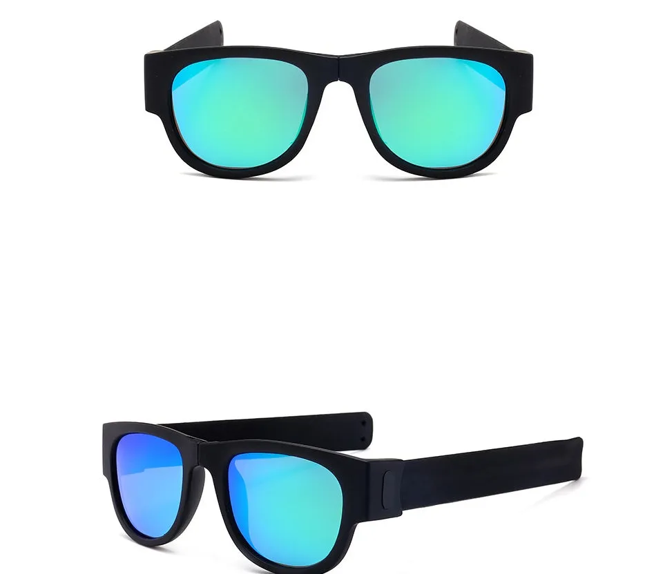 Folding polarised sports sunglasses on wristband bracelet, available in multiple colours