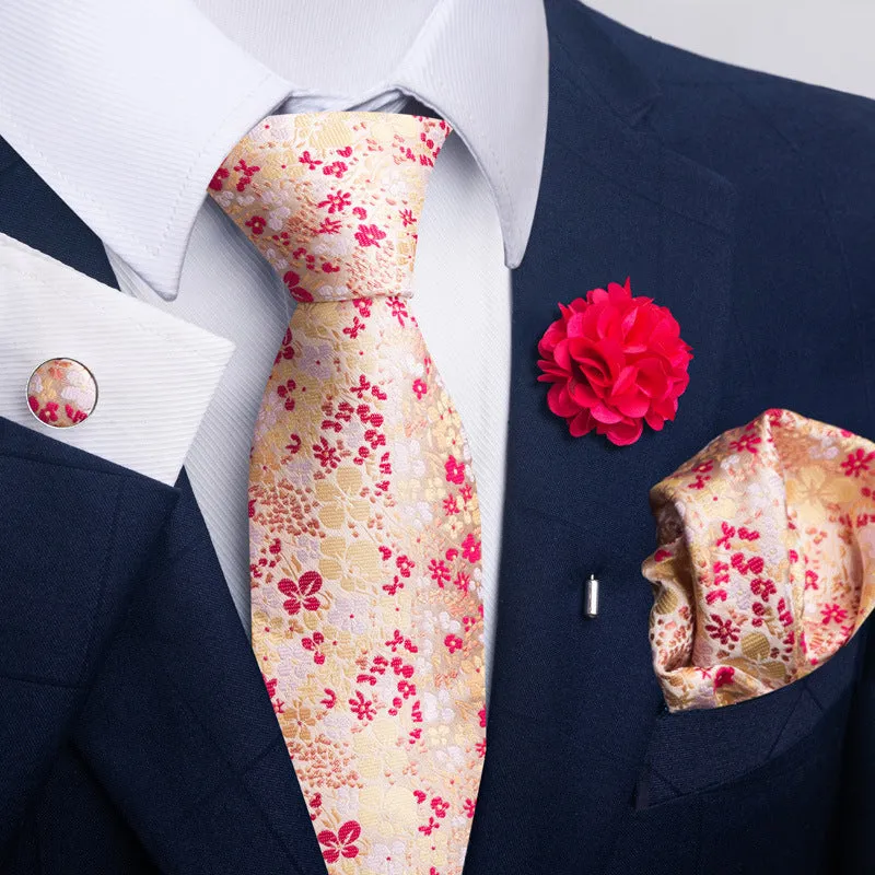 Floral jacquard polyester yarn tie and pocket square combo set for men, 147cm length, 50 colour options