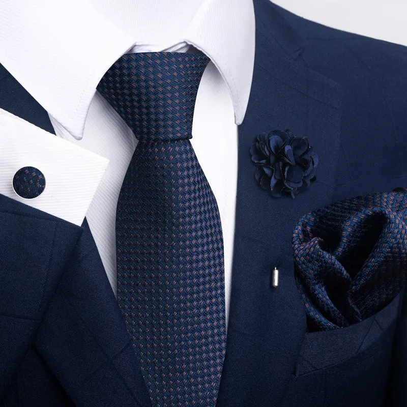 Floral jacquard polyester yarn tie and pocket square combo set for men, 147cm length, 50 colour options