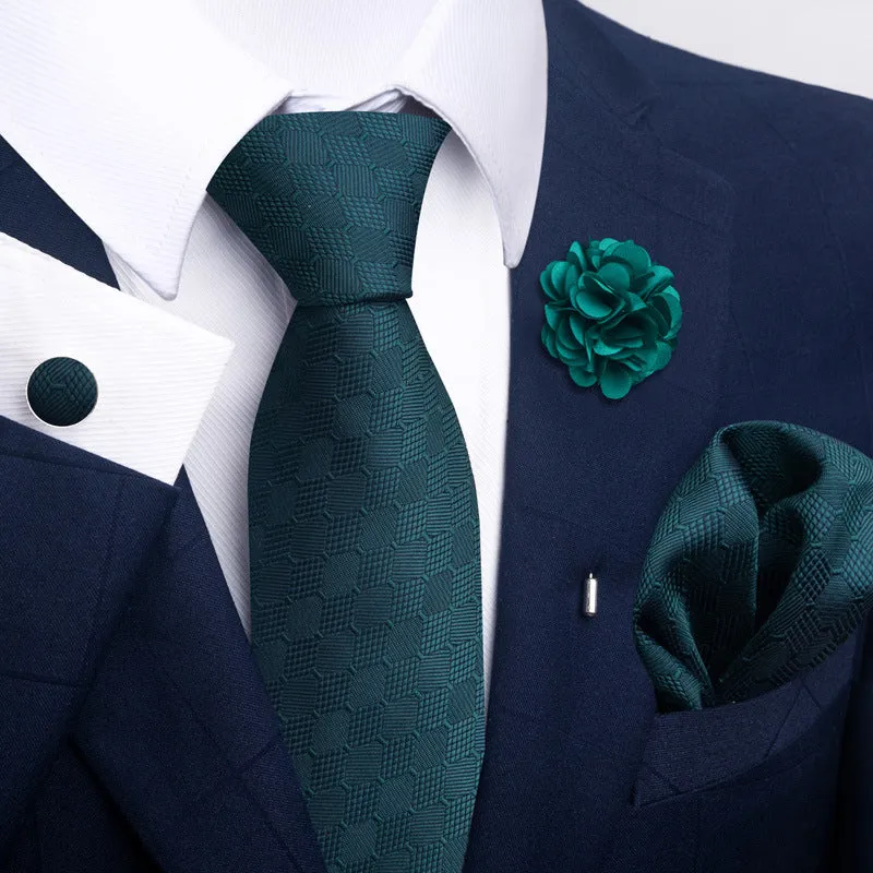 Floral jacquard polyester yarn tie and pocket square combo set for men, 147cm length, 50 colour options