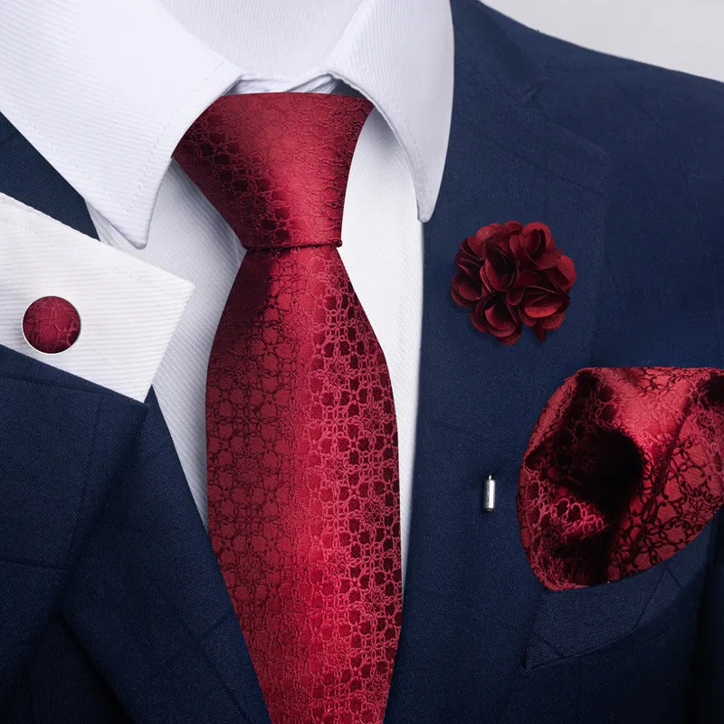 Floral jacquard polyester yarn tie and pocket square combo set for men, 147cm length, 50 colour options