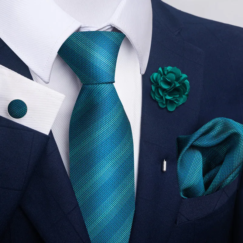 Floral jacquard polyester yarn tie and pocket square combo set for men, 147cm length, 50 colour options