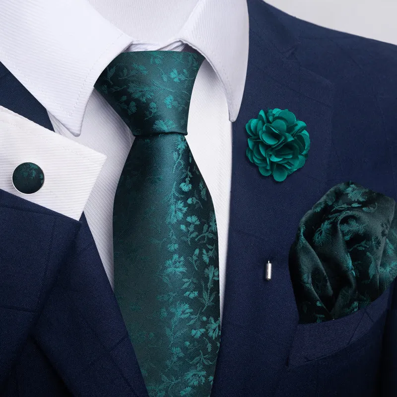 Floral jacquard polyester yarn tie and pocket square combo set for men, 147cm length, 50 colour options