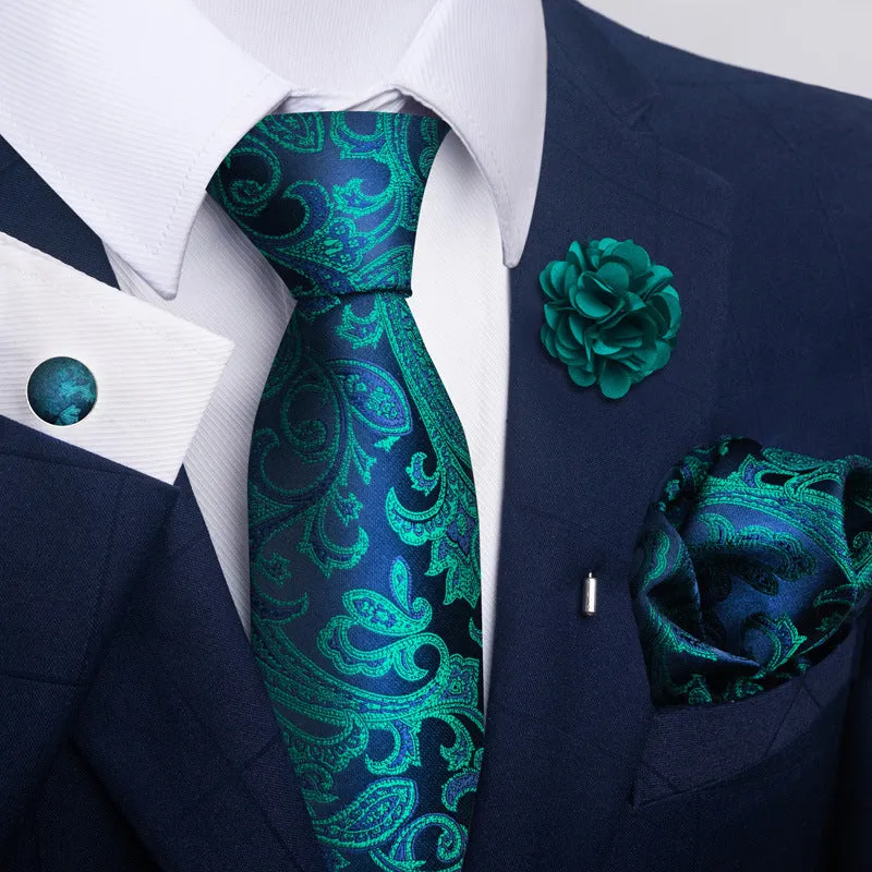 Floral jacquard polyester yarn tie and pocket square combo set for men, 147cm length, 50 colour options
