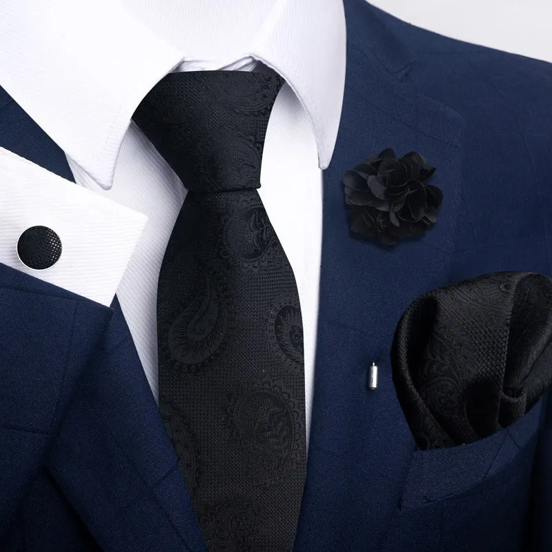 Floral jacquard polyester yarn tie and pocket square combo set for men, 147cm length, 50 colour options