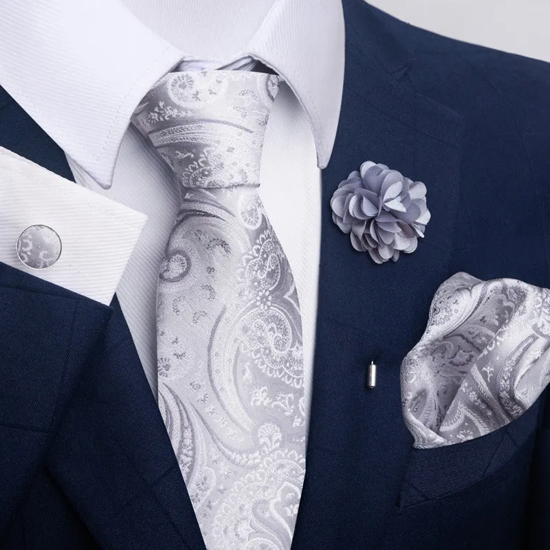 Floral jacquard polyester yarn tie and pocket square combo set for men, 147cm length, 50 colour options