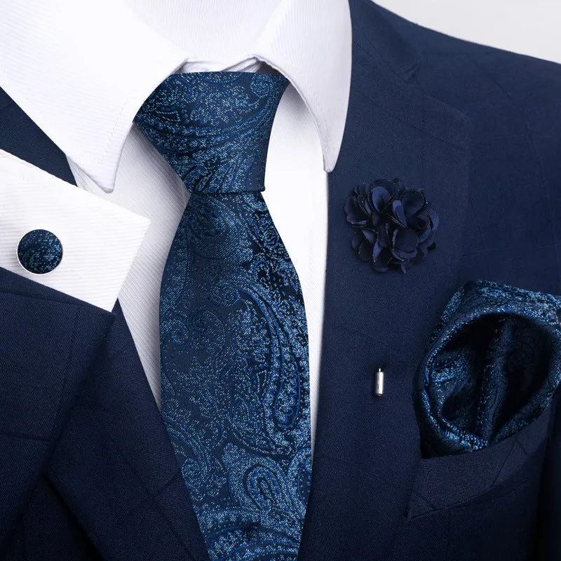Floral jacquard polyester yarn tie and pocket square combo set for men, 147cm length, 50 colour options